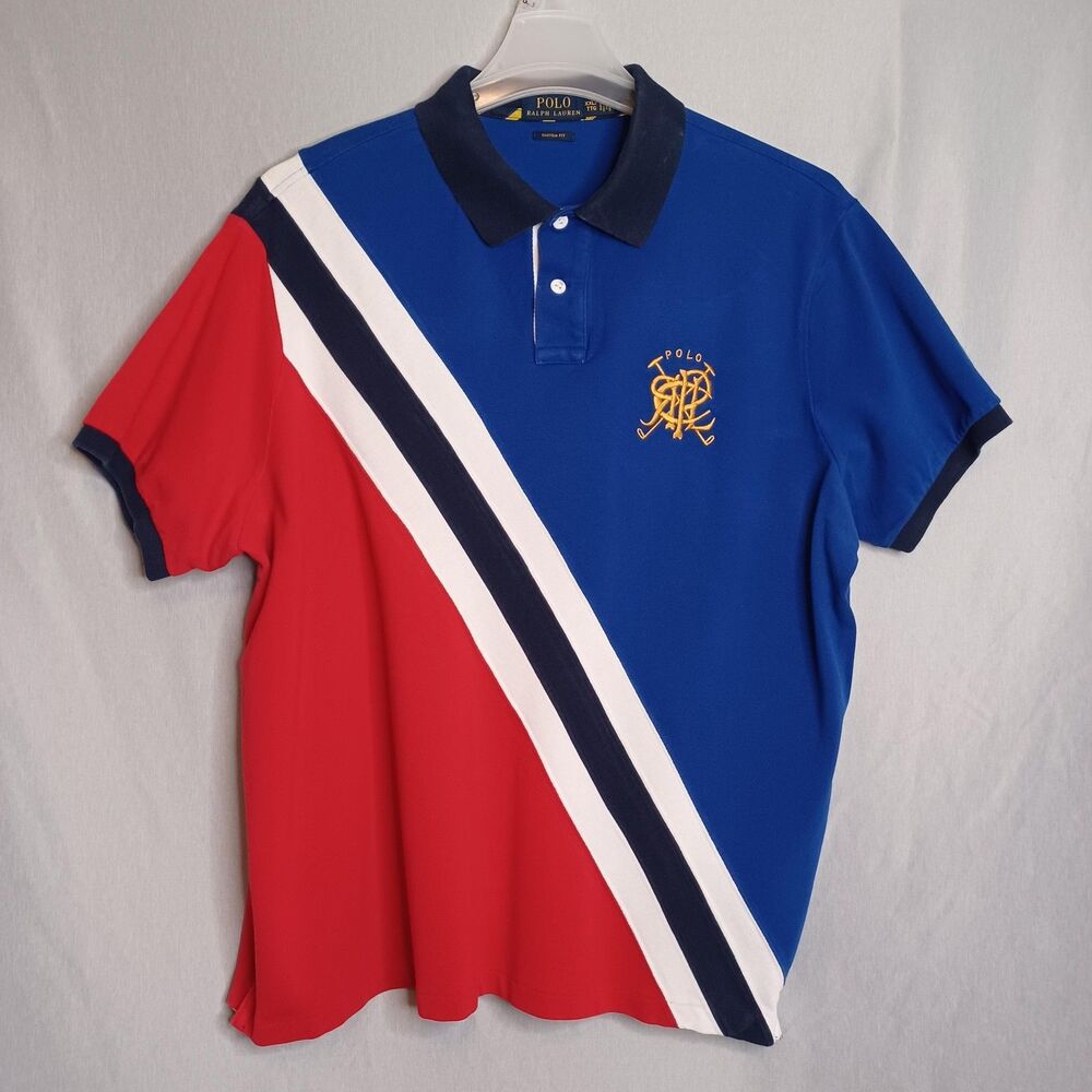 Polo Ralph Lauren Polo Shirt Mens 2XL Red Blue Custom Fit Colorblock Crest Logo